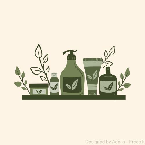 Illustration eines Kosmetik-Sets. Auf den grünen Verpackungen der Produkte sind Blätter dargestellt.